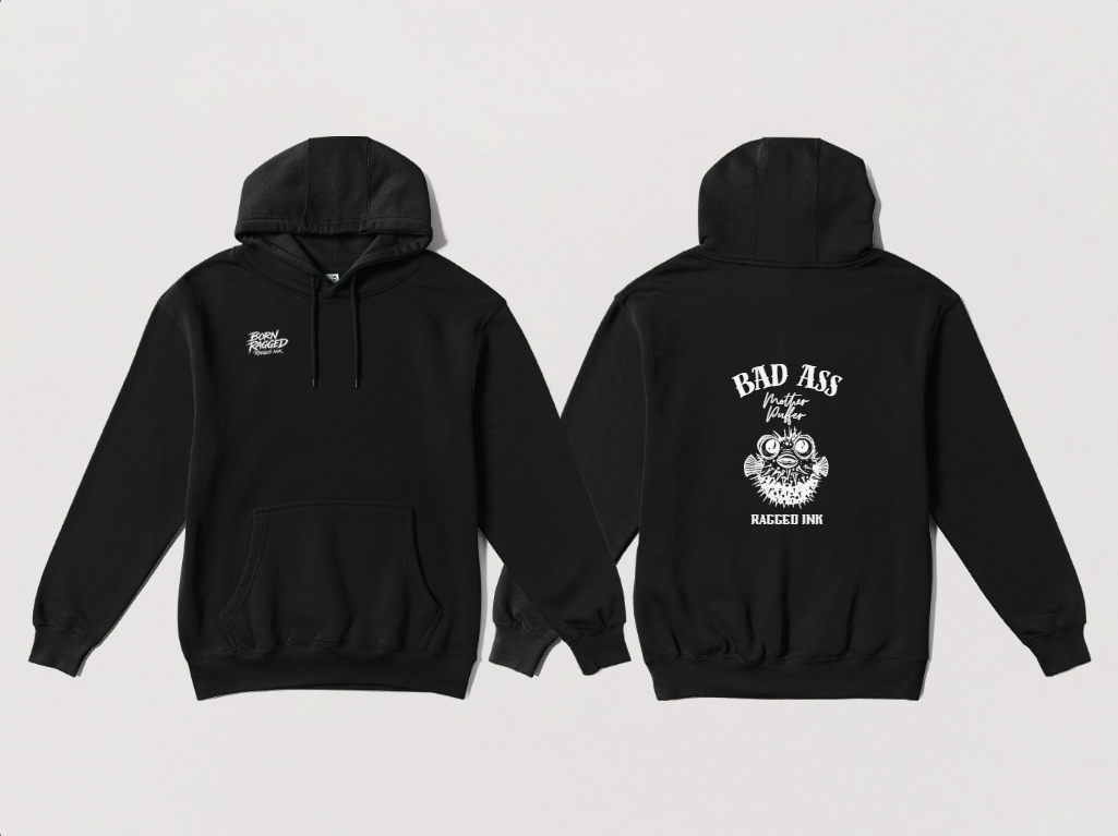 Bad Ass Mother Puffer Hoodie - Black with white graphics