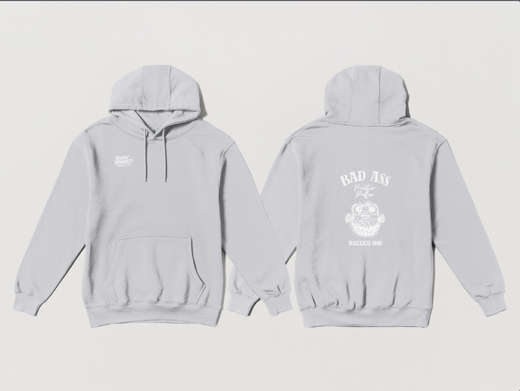 Bad Ass Mother Puffer Hoodie - Black with white graphics