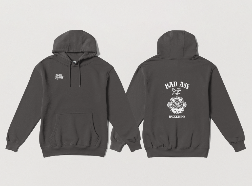 Bad Ass Mother Puffer Hoodie - Black with white graphics